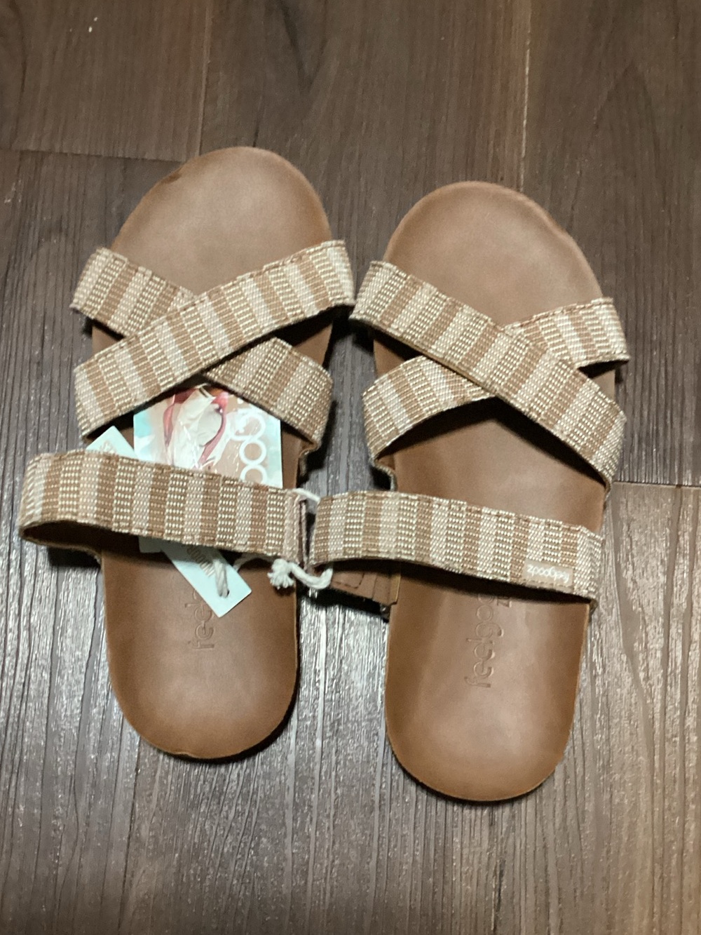 Kids Tan Cross-Strap Slide Sandals